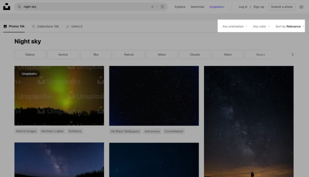 filtreringsmuligheder unsplash